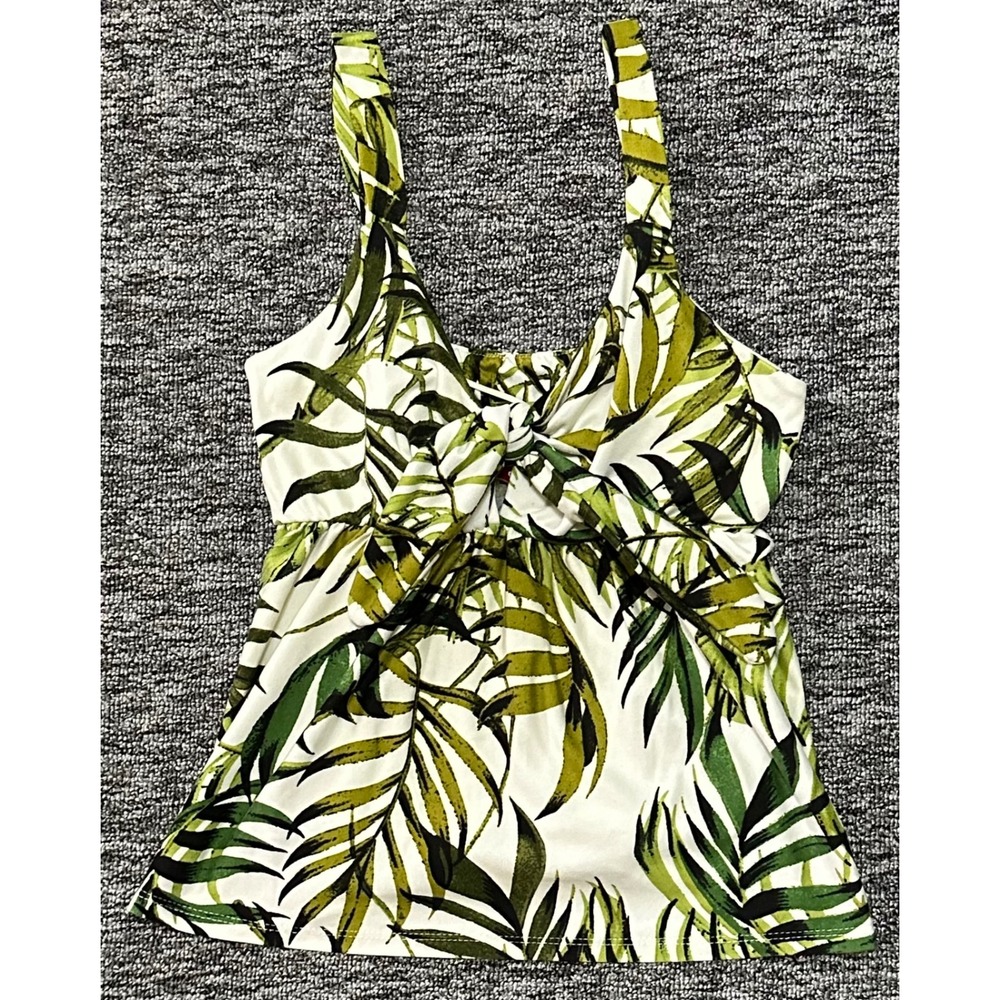 Guess Los Angeles Womens M Green White Botanical Leaf Tie Front Babydoll‎ Tank